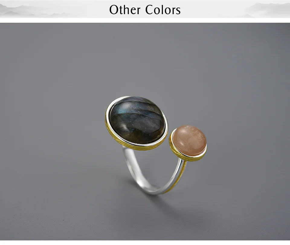 Lotus Fun Real 925 Sterling Silver Natural Labradorite Moonlight Gemstones Ring Fine Jewelry Mysterious Lake Rings for Women