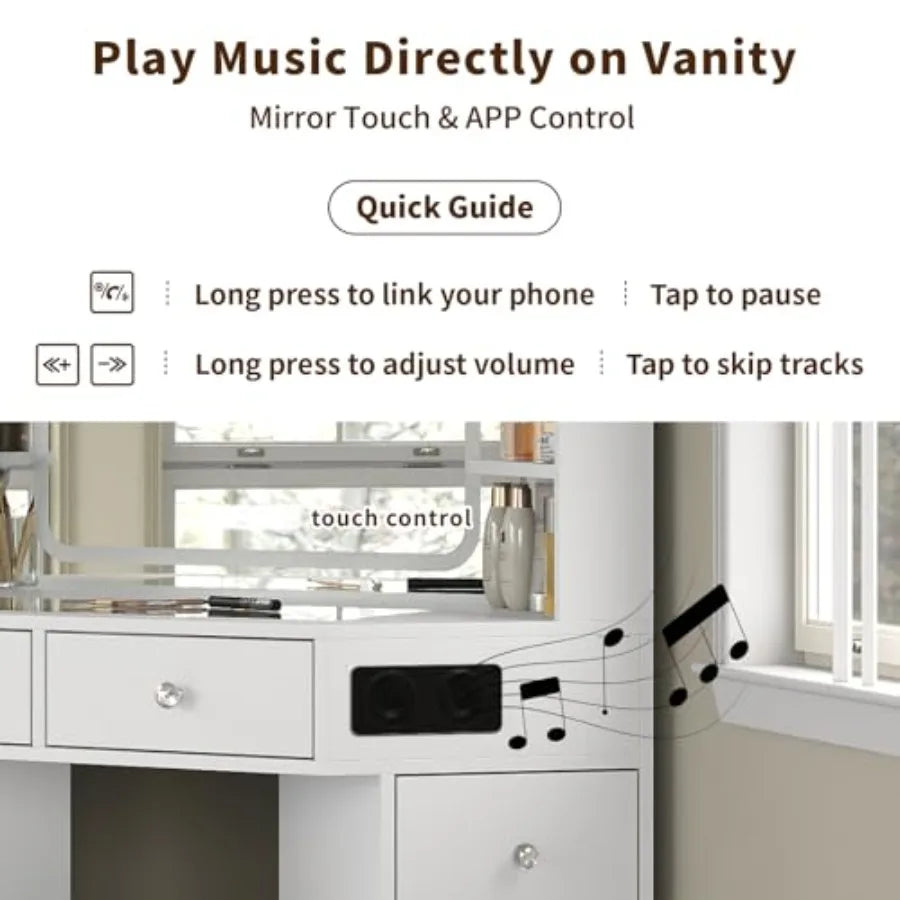 Corner Vanity Desk with Speaker 8 Drawers and 6 Shelves Modern Vanity with Mirror and Lights Makeup Vanity with Glass Top 3 Col