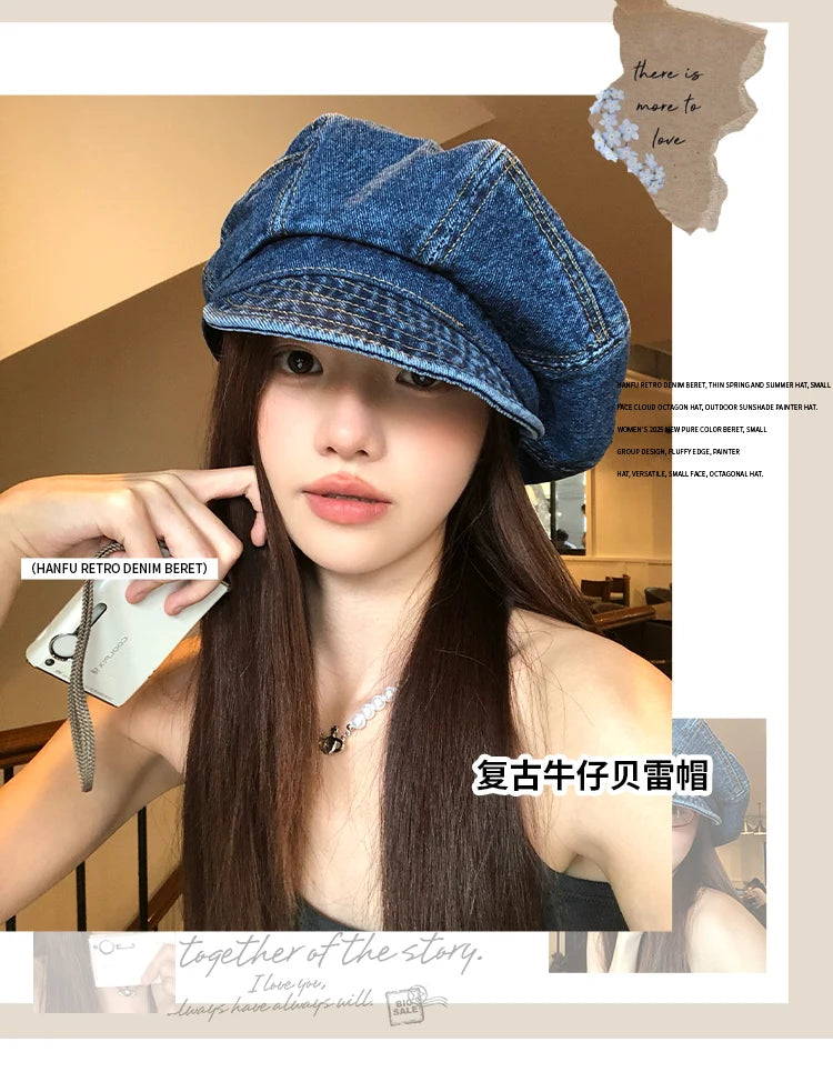 Japanese Retro Denim Cloud Berets Cap for Women Spring and Summer Casual Versatile Simple Literary Style Octagonal Newsboy Hat