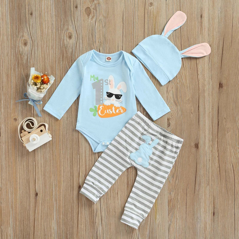 Adorable Infant Easter Outfit 3-Piece Bundle Cute Bunny Print Bodysuit Matching Striped Bottoms Bunny Ear Beanie