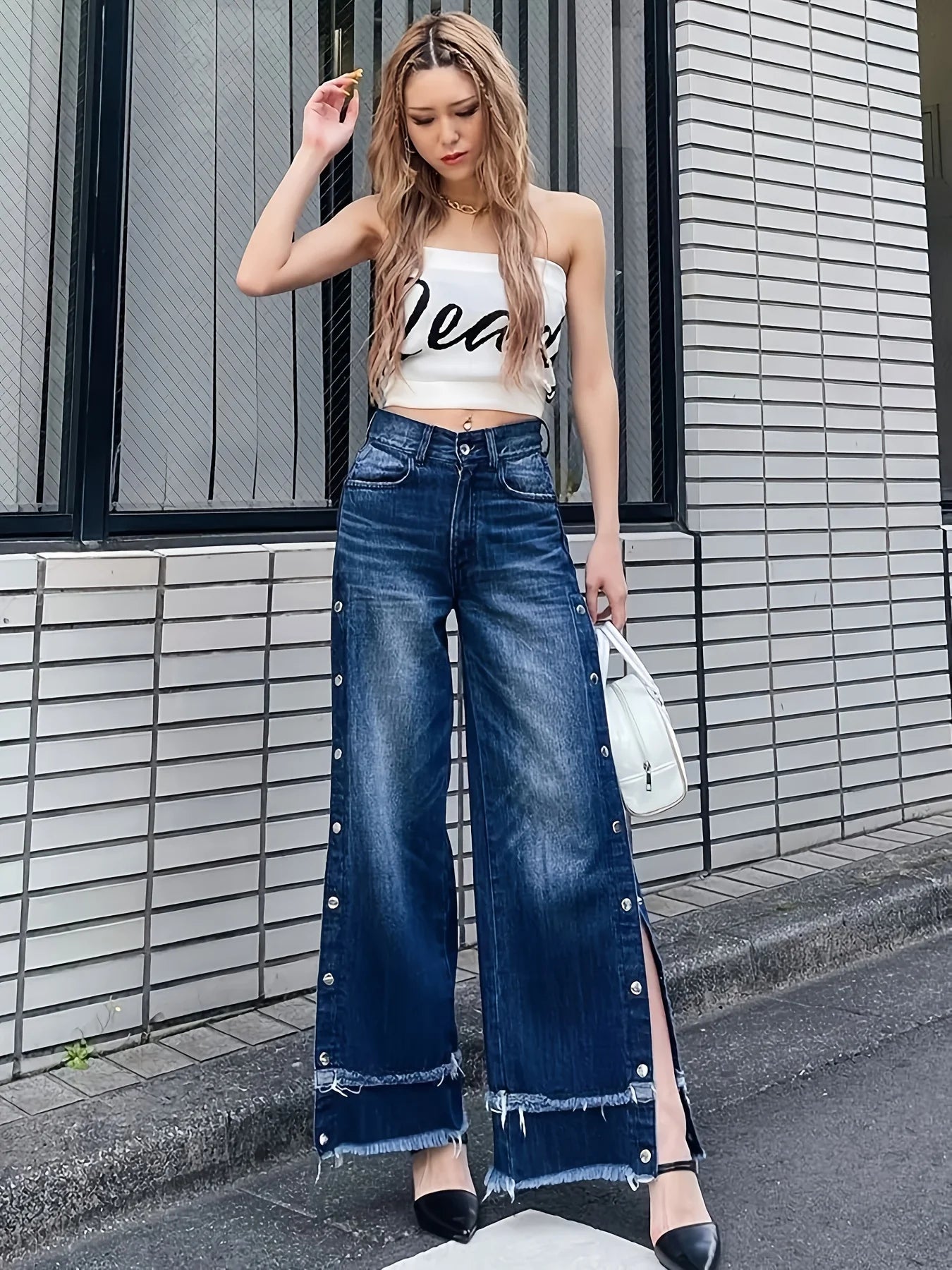 Women's casual wide-leg jeans, mid-rise, fashionable adjustable side buttons, double-layer frayed hem, ankle-length, essential f