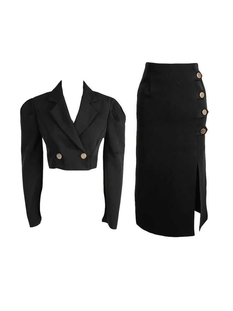 New Spring Autumn Black Formal Sexy 2 Piece Outfit Short Set Women Ladies Clothes Cropped Suit Blazer Coat High Waist Slit Skirt