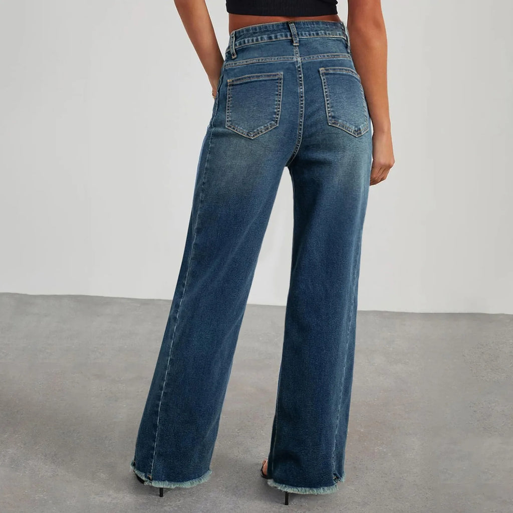 Retro High Waist Straight Leg Jeans Women's Fashion Cross-Border Frayed Hem New Style Side Seam Patchwork Distressed