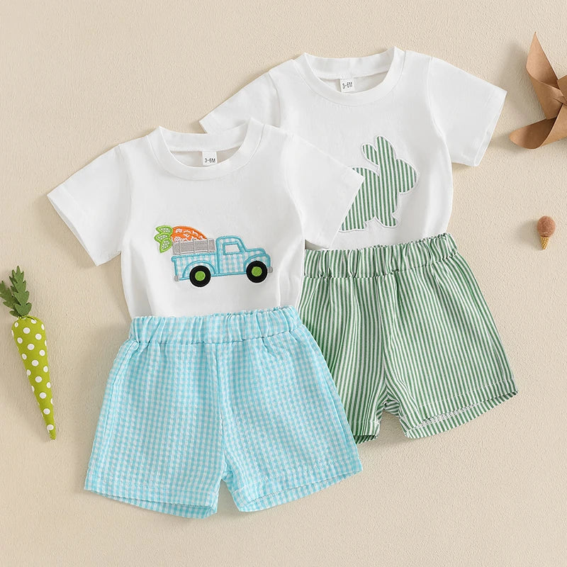 Toddler Boy Easter Bunny Carrot Print Short Sleeve T-shirt and Plaid Shorts Set for Spring Holiday Outfit