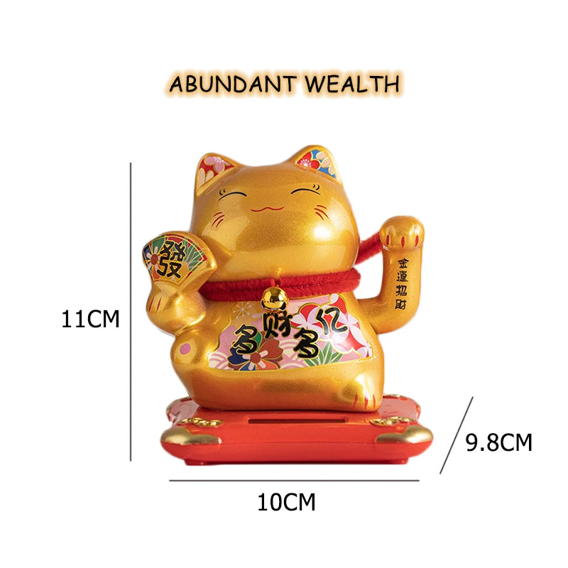 4.3 Inch Solar Powered Waving Ceramic Maneki-neko Lucky Beckoning Cat for Wealth Fortune, Home Office Decor, Gift for Prosperity