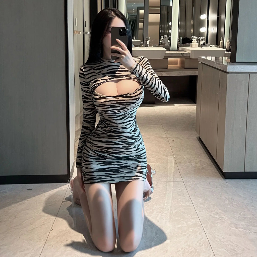 New Fashion Mature Elegant Charm Hollow Out Wrap Buttocks Dress Sexy Cut-out Slim Zebra Pattern Buttock Dress For Women W7TR