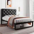 Double Bed Frame with Headboard, Faux Leather Upholstery, All-metal Bed Board Supporting Platform, 12 Inches of Under-bed Space