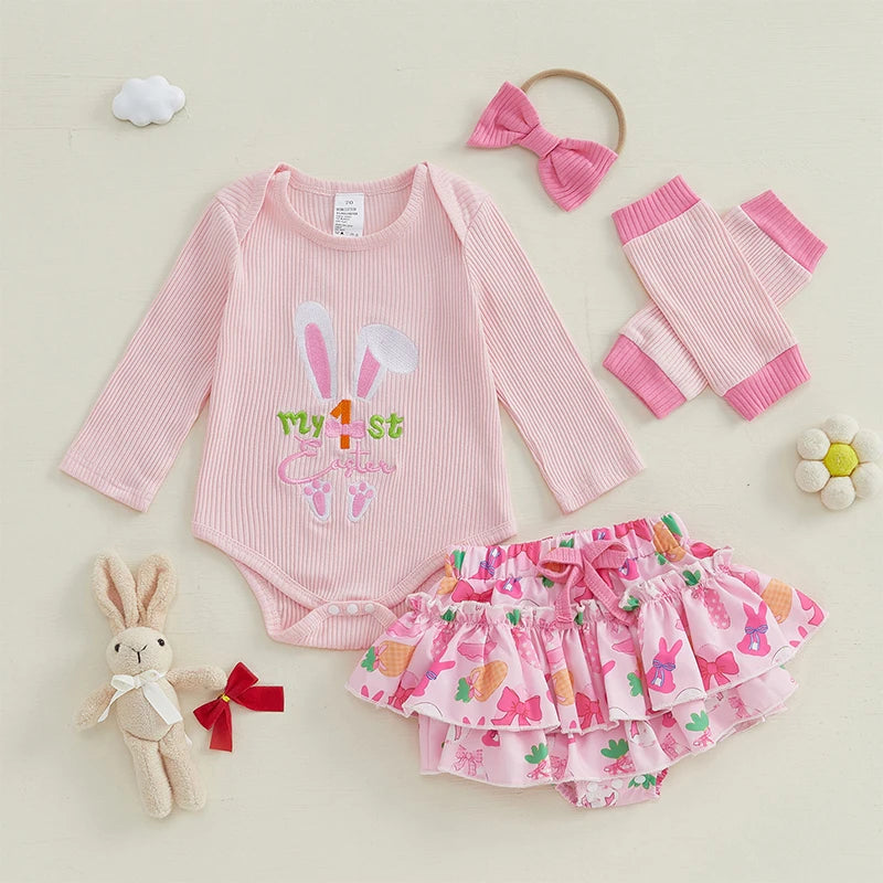 Toddler Easter Dress Bunny Print Short Sleeve Romper Tutu Skirt Headband Leggings Set for Baby Girls 0-24 Months