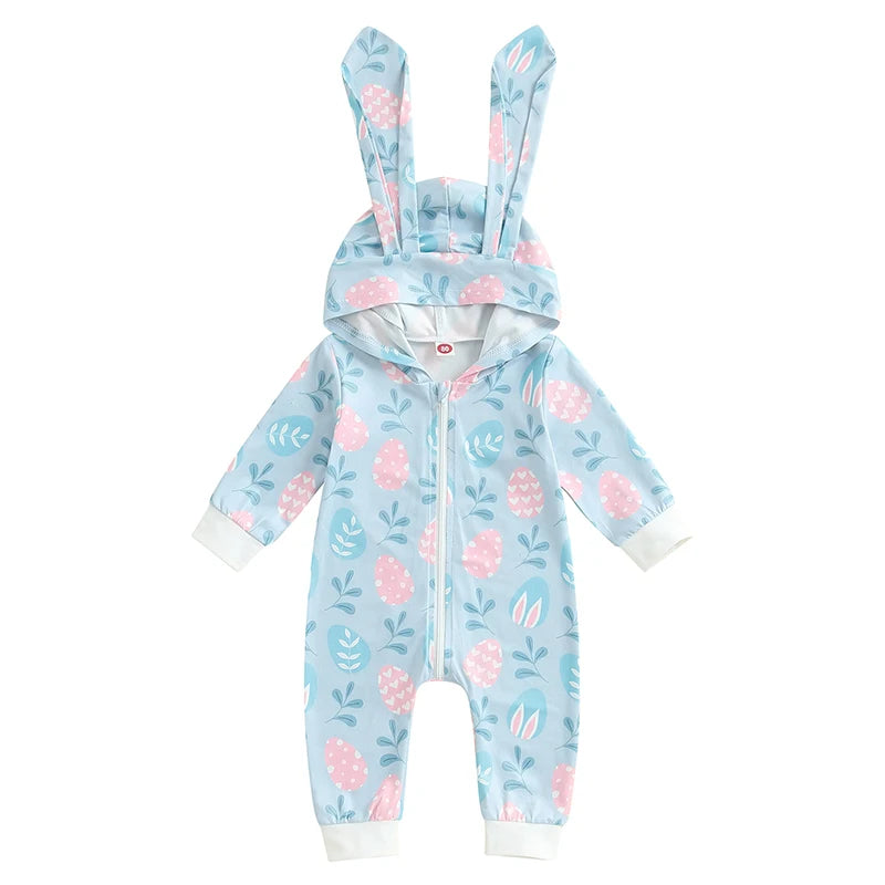 Easter Bunny Print Cotton Blend Long Sleeve Rompers for Infant Boys and Girls Hooded Spring Bodysuits with Cute Rabbit Design