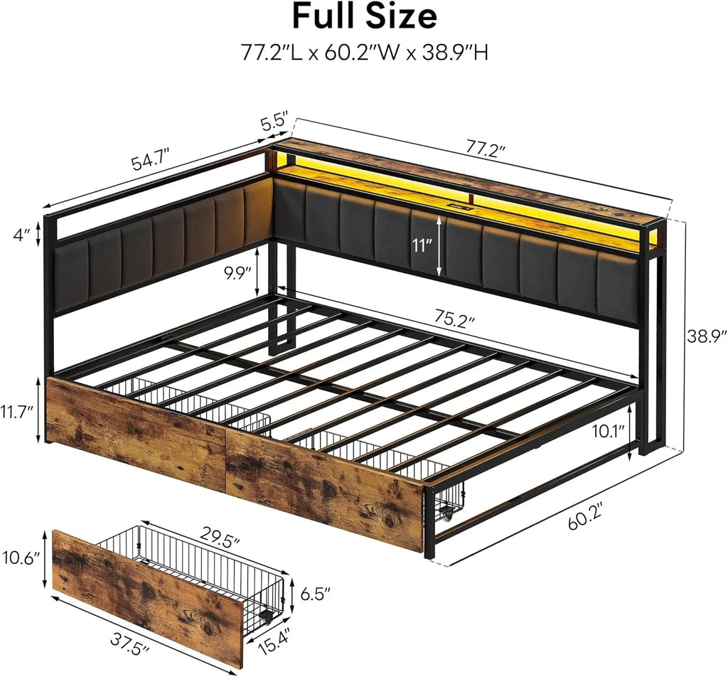 LIKIMIO Corner Bed Frame Twin/Full Daybed with Storage Drawers, Metal Platform Bed Frame with LED Light, Charging Station, Black