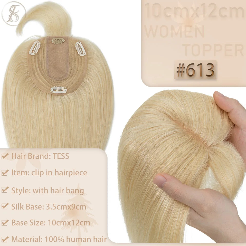 TESS Women Topper 10x12cm Hair Clips Hair Topper Natural Hair Wigs 100% Human Hair Silk Base Clip In Hair Extension Blonde Women