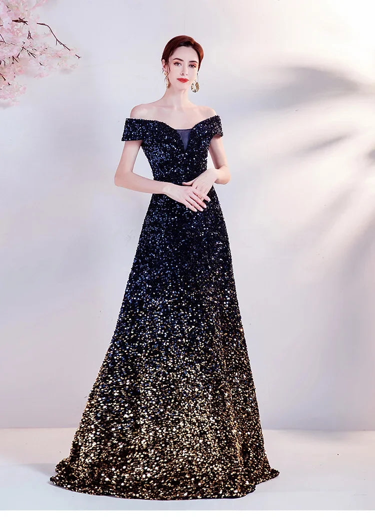 One Shoulder Evening Gown New Gradient Black Annual Party Stage Performance Host Walking Fish Tail Dress for Women 2026