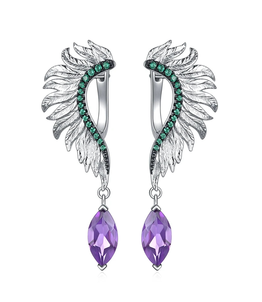 GEM'S BALLET Angel Wings Feather 925 Sterling Silver Earrings For Women Jewelry Anniversary Gift Natural Green Agate Amethyst