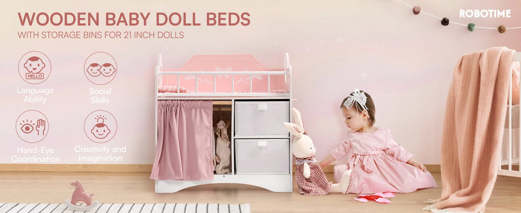 Robotime Baby Doll Crib Wooden Toy Baby Crib with Storage Bedding Wooden Hooks Doll Crib Fits Dolls up to 21" for Girls 3+ Pink