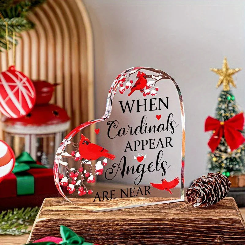 Red Cardinal Memorial Gifts – Crystal Acrylic Heart. Xmas Centerpiece, Sympathy for Loss.