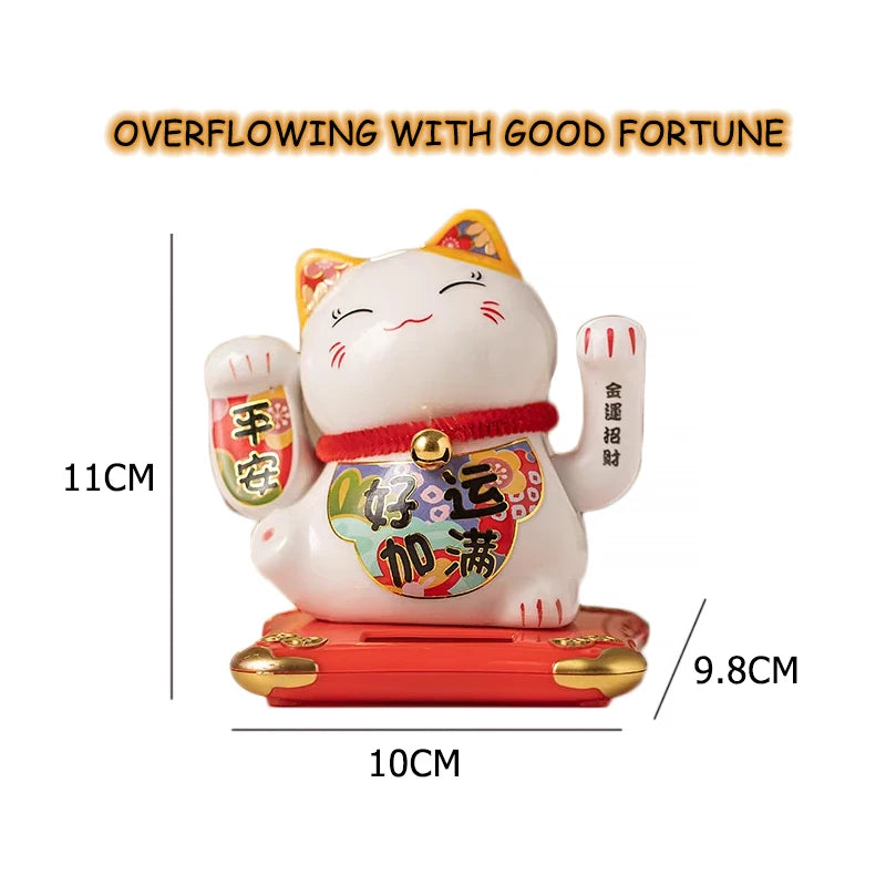 4.3 Inch Solar Powered Waving Ceramic Maneki-neko Lucky Beckoning Cat for Wealth Fortune, Home Office Decor, Gift for Prosperity