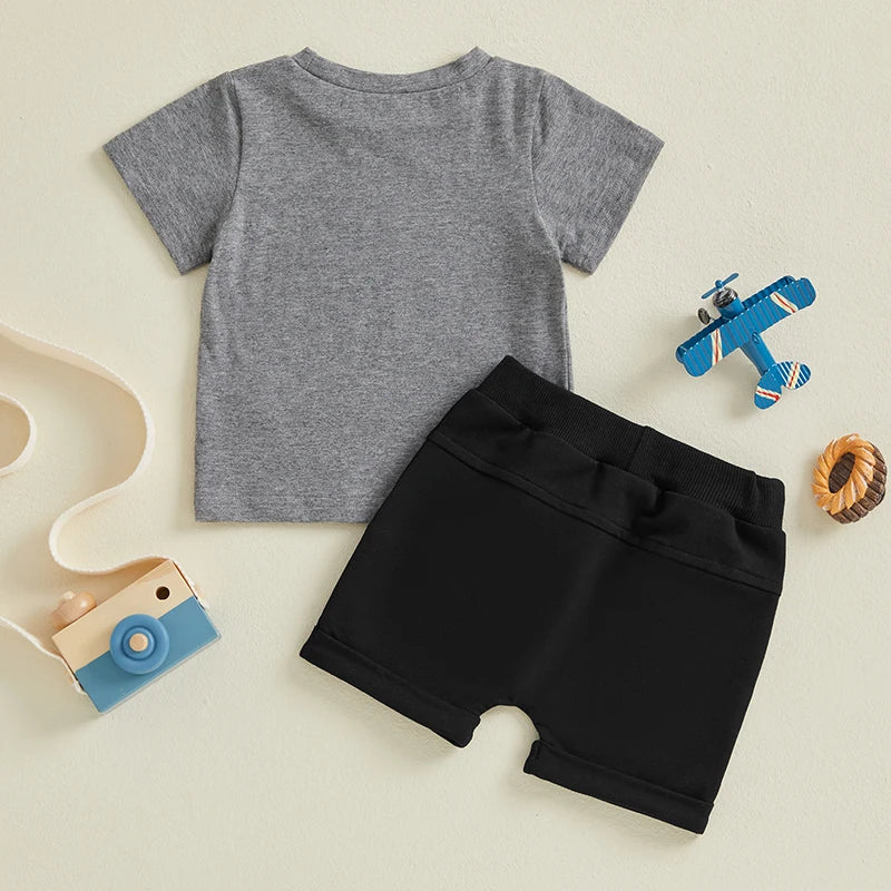 Cute Boys Easter Outfits with Letter Print Round Neck Short Sleeve T-Shirts and Elastic Waist Shorts - 2 Piece Clothing Set for