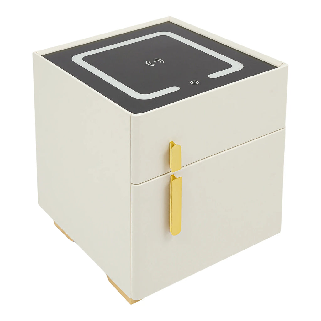 Smart Nightstand w/ Drawer & Safe Wireless Charging Nightstand Solid Wood Night Stand w/ 2 Drawers LED Bedside Tables for Bedroo
