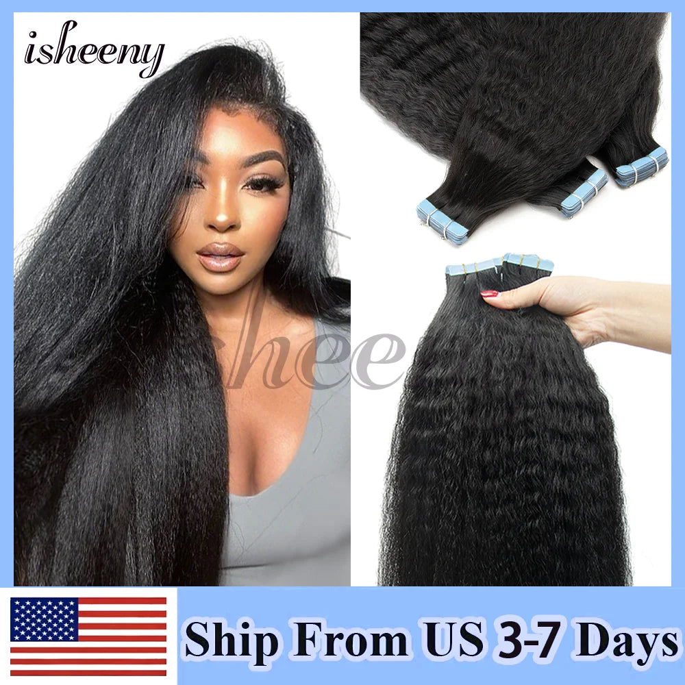 Kinky Straight Invisible Tape In Human Hair Extensions 12"-20" Natural Black Real Remy Tape Ins Hair Easy To Wea For Woman