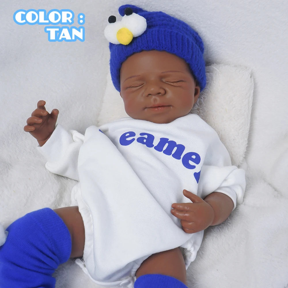 Full Platinum Silicone Body Baby Black Girl Reborn Doll Handmade 3D Painted Cute African Skin Newborn Baby Cuddly 19.29 Inch