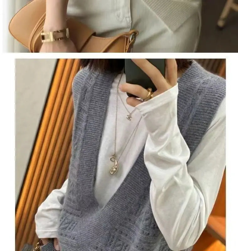 V-Neck Hollowed Out 100% Wool Knitted Vest For Women In AutumnWinter Loose Solid Color Korean Fashion Pullover Sweater Vest Top