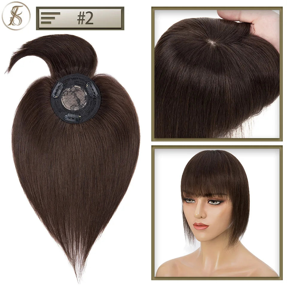 TESS Human Hair Toppers 8.5x8.5cm Women Topper 2cm Hair Vortex Natural Hair Wigs Center Crown Machine-made Hairpiece With Bangs