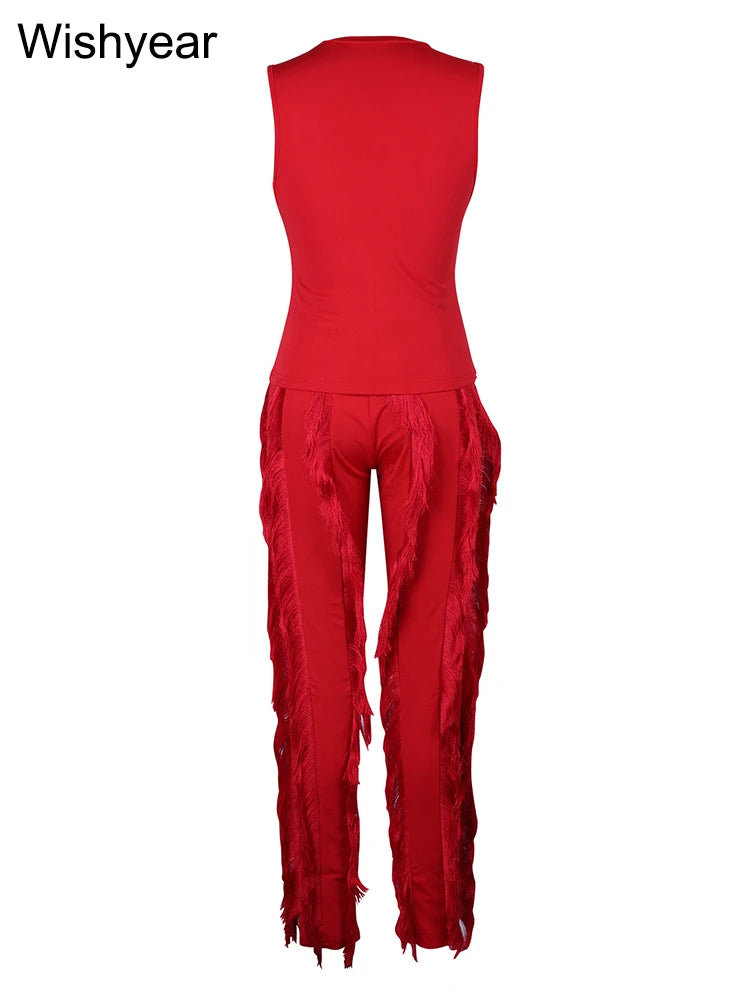 Fashion Sleeveless Top and Drawstring High Waist Fringed Straight Pants Tassel Two Piece Sets Women Streetwear Autumn Tracksuit