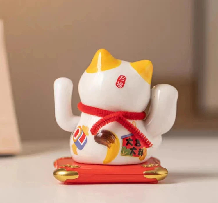 4.3 Inch Solar Powered Waving Ceramic Maneki-neko Lucky Beckoning Cat for Wealth Fortune, Home Office Decor, Gift for Prosperity