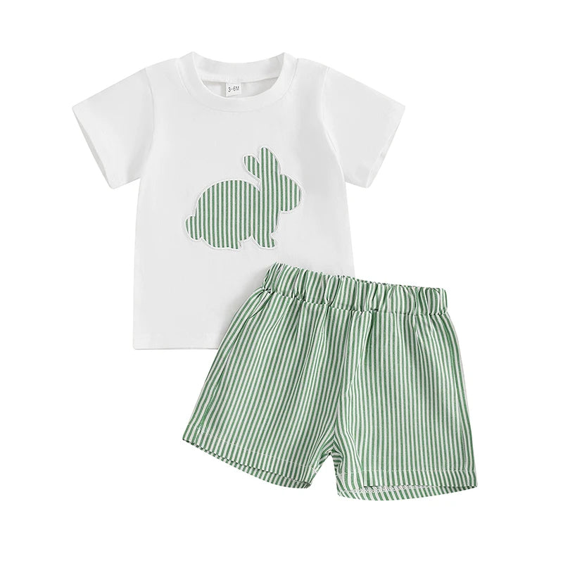 Toddler Boy Easter Bunny Carrot Print Short Sleeve T-shirt and Plaid Shorts Set for Spring Holiday Outfit