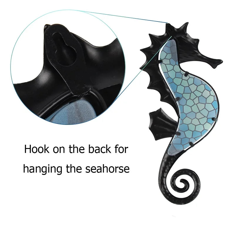 Metal Blue Mosaic Seahorse Wall Decor for Garden Decorations Outdoor Sculpture Statue of Patio Yard Living Room
