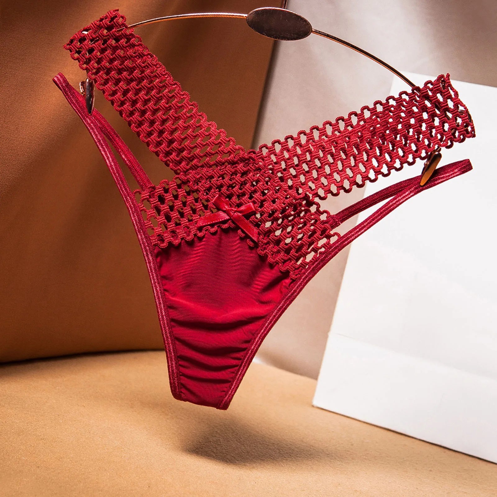 Fashion Low Waist Hollow Out Thongs French Style Bowknot Satin Silk Panties Solid Color Underwear Women Mesh Briefs Daily