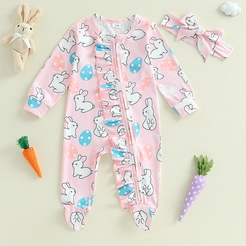 Toddler Girl 2Pcs Spring Outfits Short Sleeve Round Neck Floral Print Romper with Bow Headband Set Infant Clothing for Easter