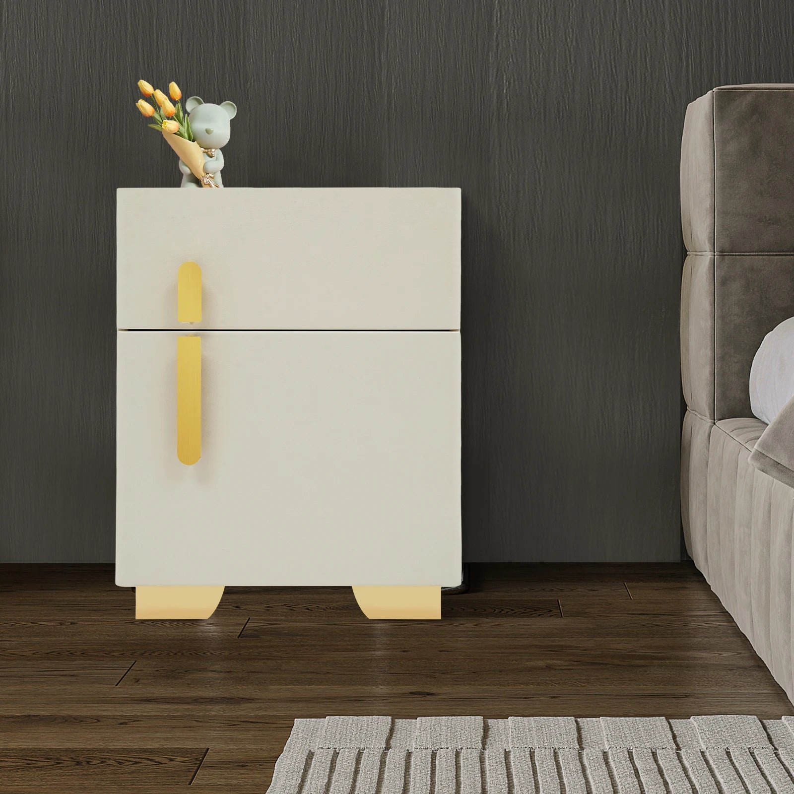 Smart Nightstand w/ Drawer & Safe Wireless Charging Nightstand Solid Wood Night Stand w/ 2 Drawers LED Bedside Tables for Bedroo