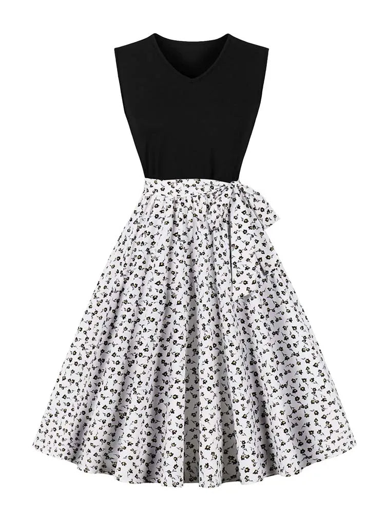 Retro Vintage Women's Summer Dress V-Neck Sleeveless High Waist Chic Floral Print with Belt 50s Style