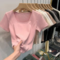 Fashion Summer Square Neck T-shirt Sweet Simplicity Slim Top Casual Trendy Short Top Female