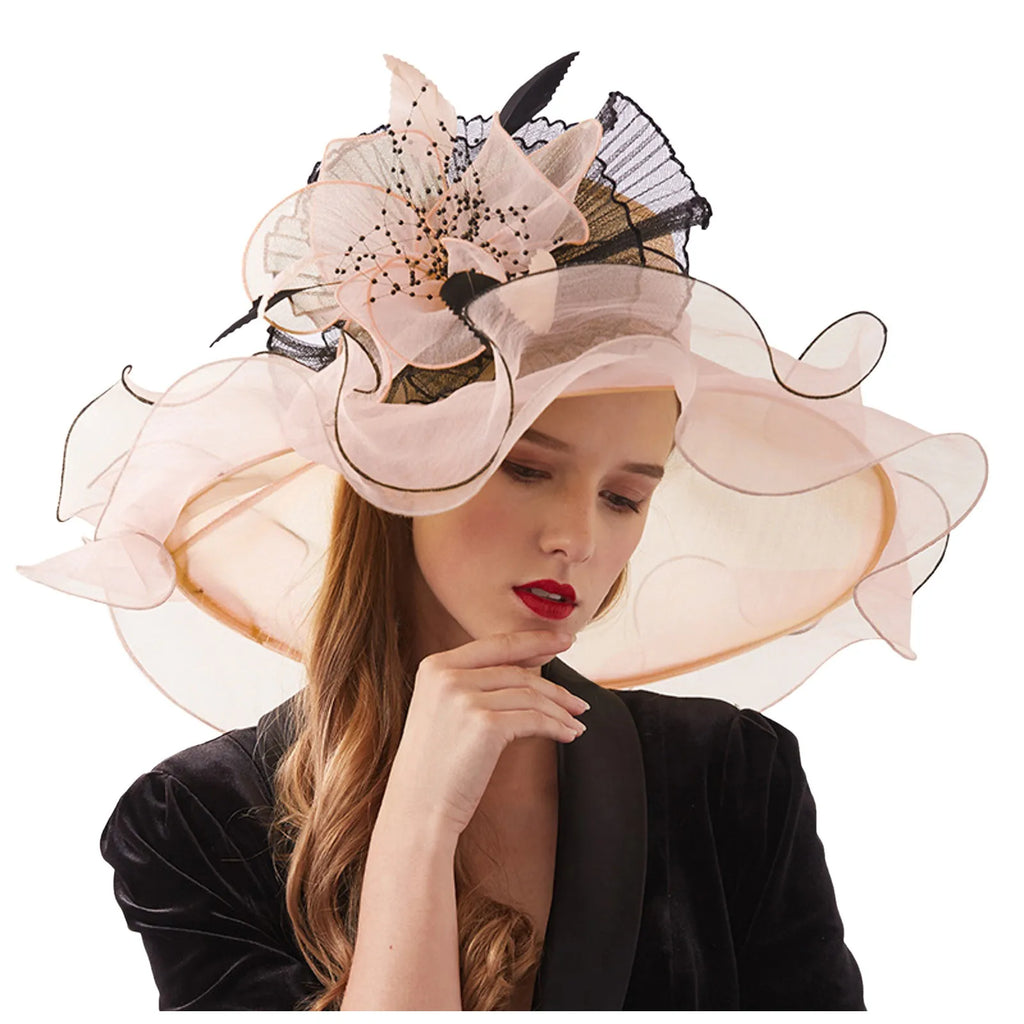Women Elegant Sun Hats Wide Brim Organza Fedoras Wedding Derby Tea Party Fascinator Hat Summer Floral Sunhats Ladies Beach Cap