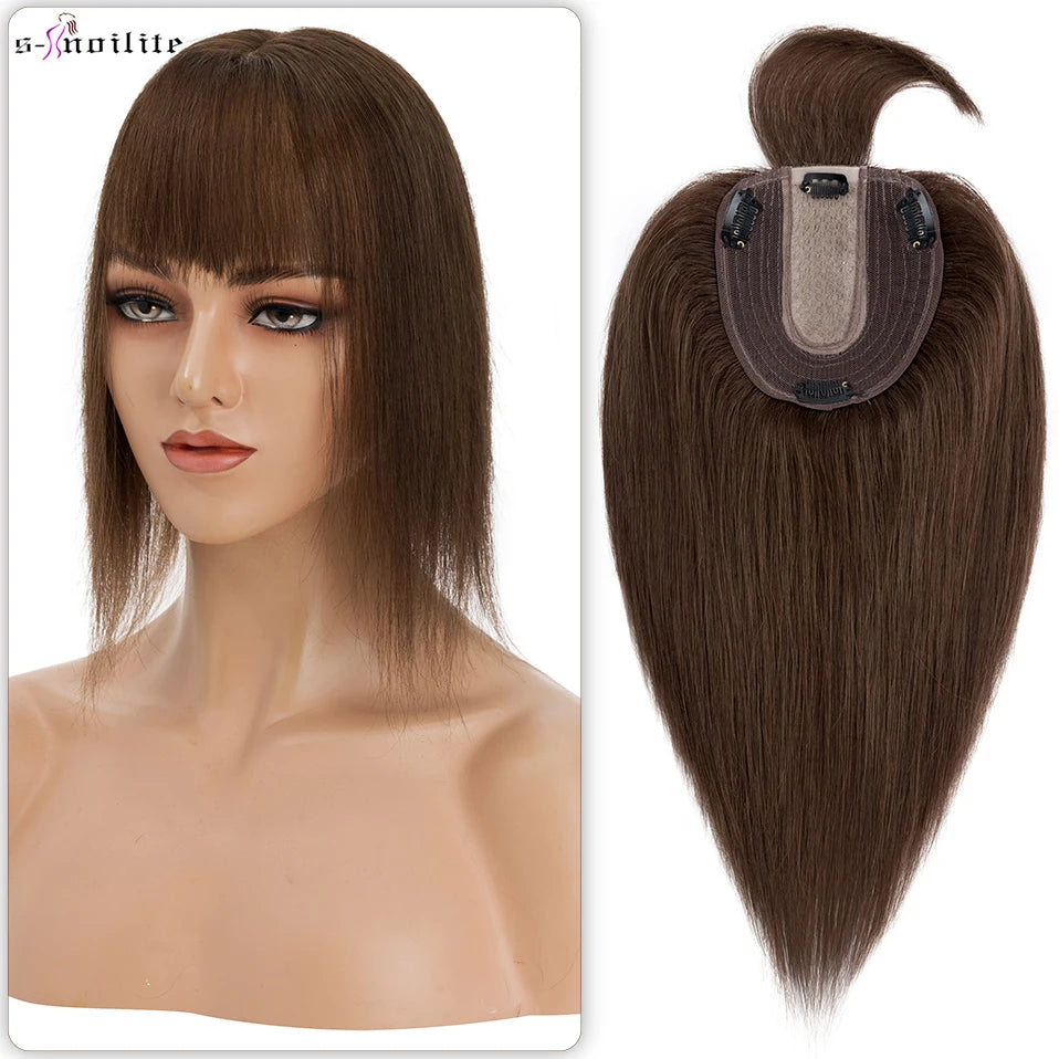 S-noilite Natural Hair Topper Wig for Women 10x12cm with Silk Base 3.5x9cm Human Hair Piece with Bangs Hair Clip Included