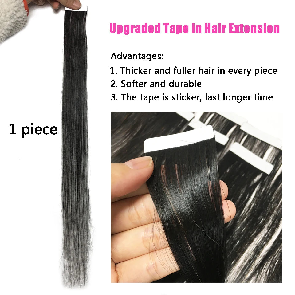 Straight Tape in Human Hair Extensions Natural Hair Extension Color #1B 14-26 Inches Brasil Remy Human Hair For Black Woman