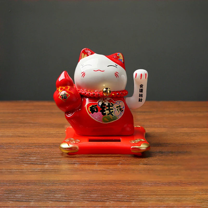 4.3 Inch Solar Powered Waving Ceramic Maneki-neko Lucky Beckoning Cat for Wealth Fortune, Home Office Decor, Gift for Prosperity