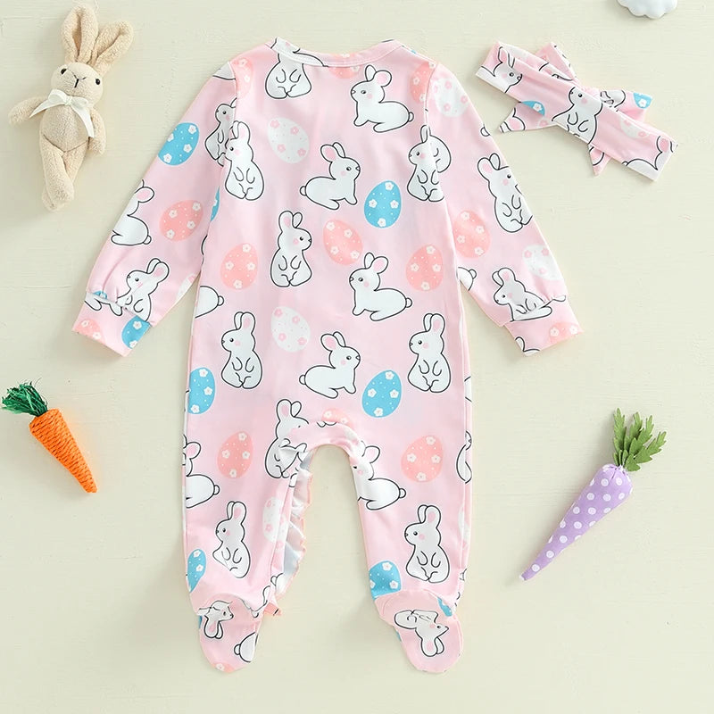 Toddler Girl 2Pcs Spring Outfits Short Sleeve Round Neck Floral Print Romper with Bow Headband Set Infant Clothing for Easter