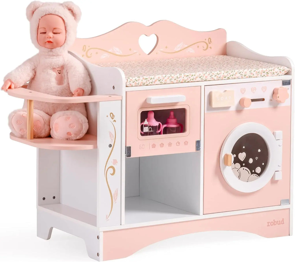 Robud Wooden 6-in-1 Baby Doll Changing Table with Baby Doll Crib Washing Machine Bottle Sterilizer Storage Area for Kids in Pink