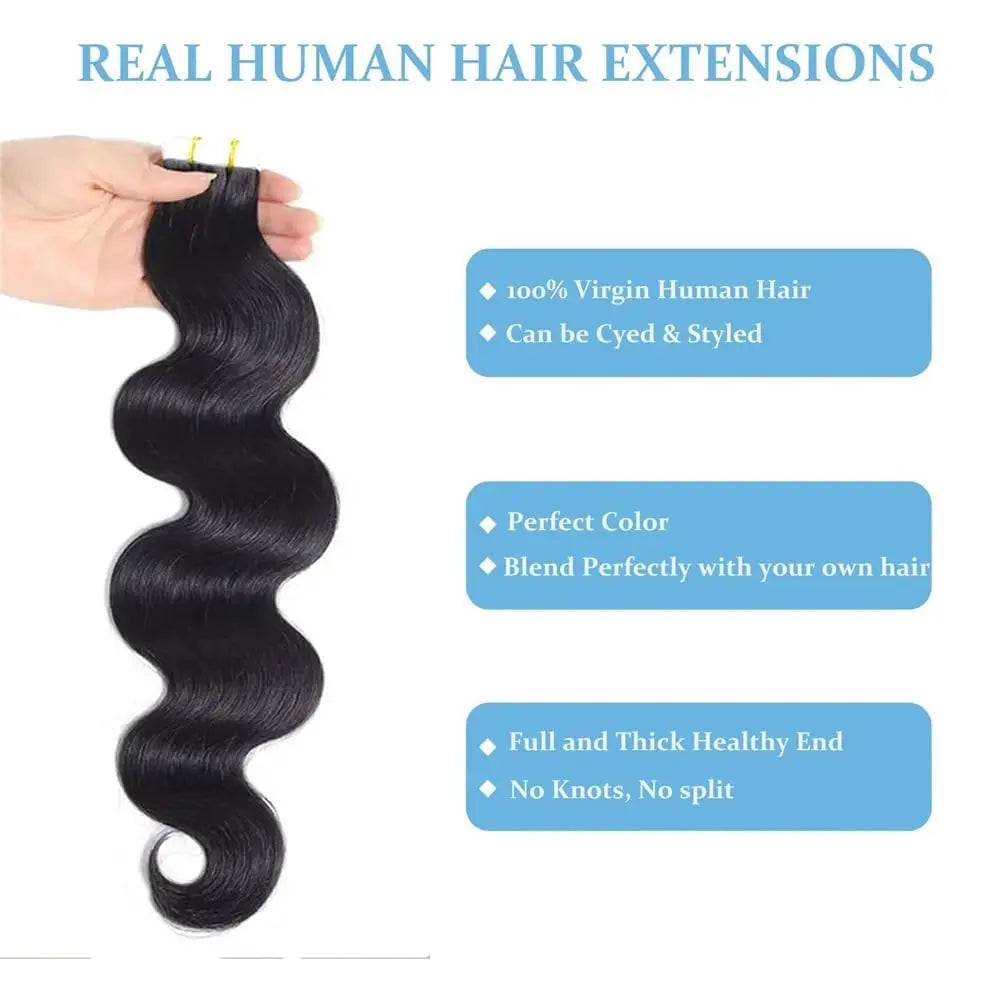 Body Wave Tape in Hair Extensions 100% Real Human Hair Extensions #1B Natural Black Invisible Tape in Hair Extensions 20pcs 26in