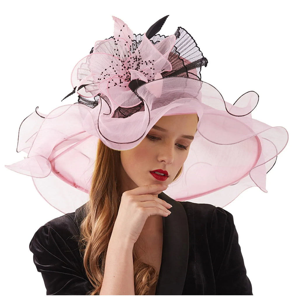 Women Elegant Sun Hats Wide Brim Organza Fedoras Wedding Derby Tea Party Fascinator Hat Summer Floral Sunhats Ladies Beach Cap