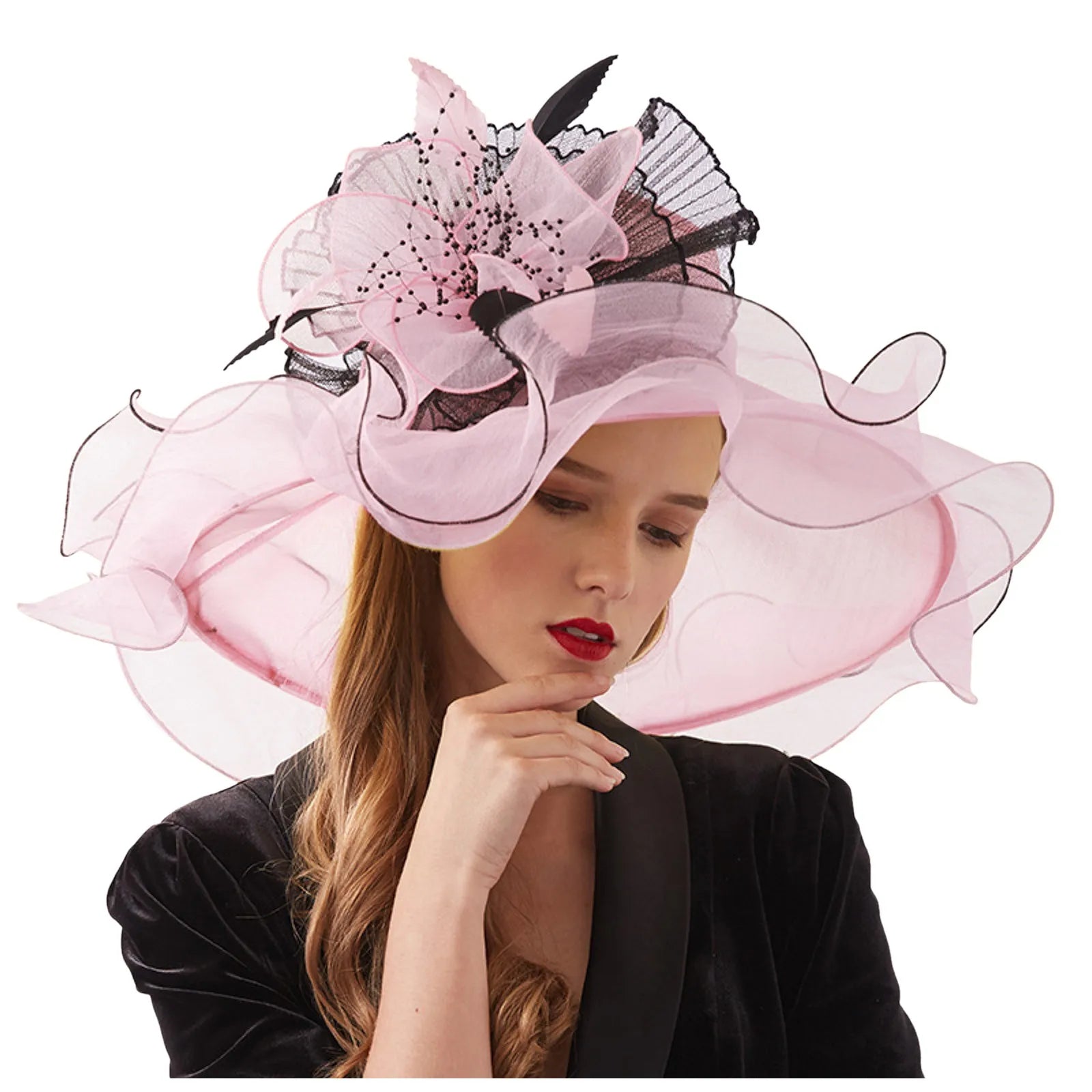 Women Elegant Sun Hats Wide Brim Organza Fedoras Wedding Derby Tea Party Fascinator Hat Summer Floral Sunhats Ladies Beach Cap