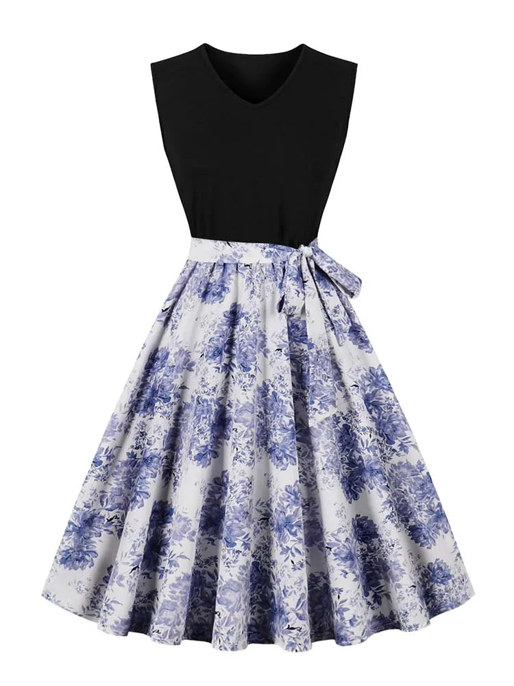 Retro Vintage Women's Summer Dress V-Neck Sleeveless High Waist Chic Floral Print with Belt 50s Style