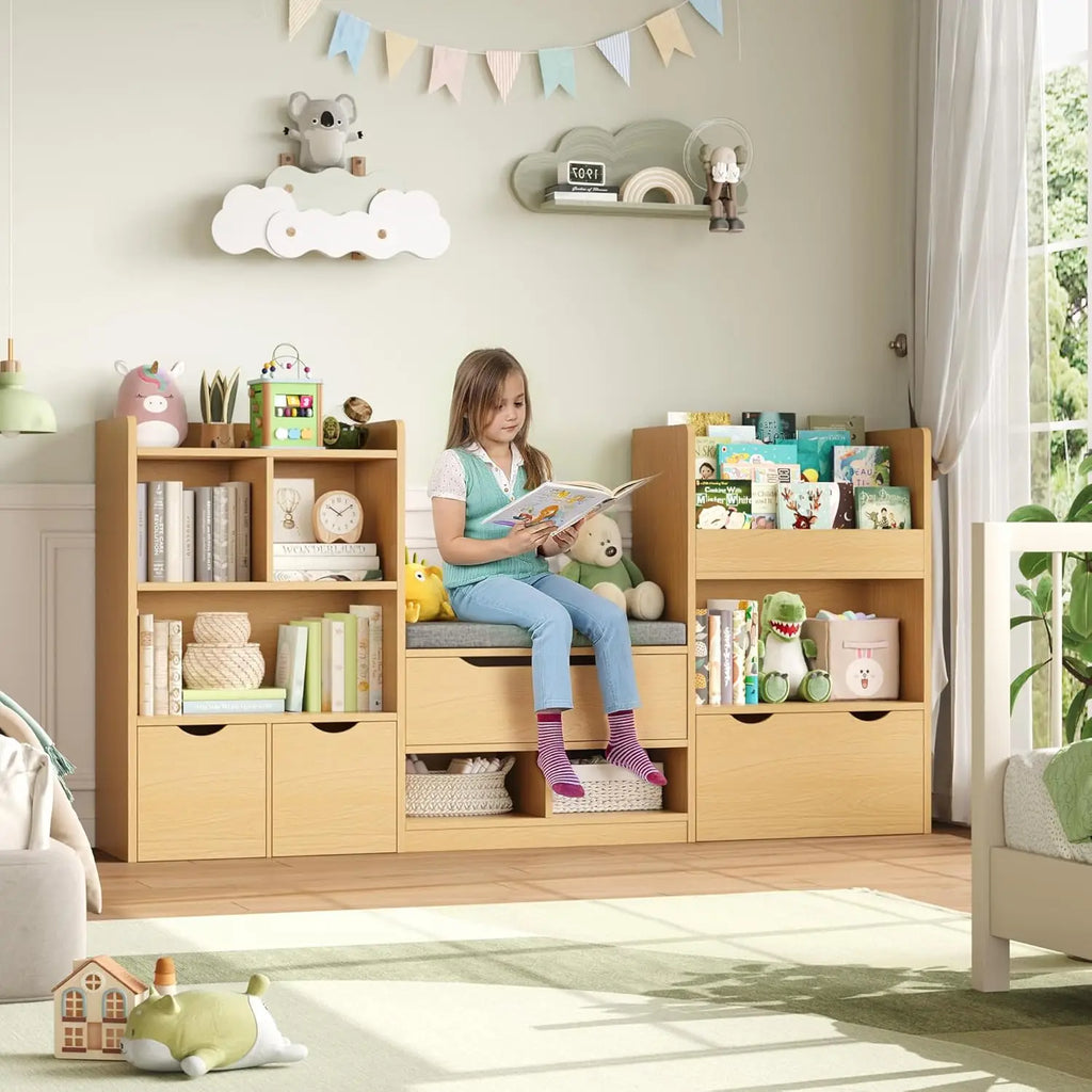 72” Kids Bookshelf with Reading Nook, Large Toy Storage Organizer, Kids Reading Nook Toy Organizers and Storage with Bench