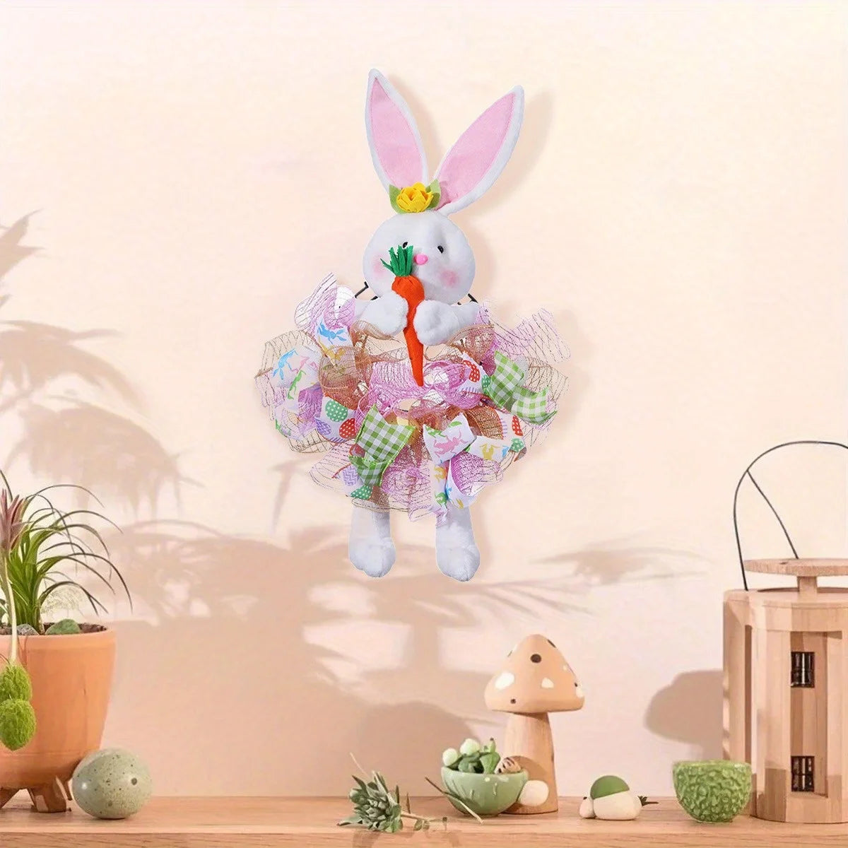 Easter Bunny Wreaths for Front Door, 28.3in Easter Wreath Rabbit Wreaths with Bunny Ears, Legs and Ribbons, Spring