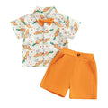 Toddler Boy Easter Outfit Bunny Rabbit Print Short Sleeve Button-up Shirt with Bowtie and Solid Shorts 2 Piece Set - Spring