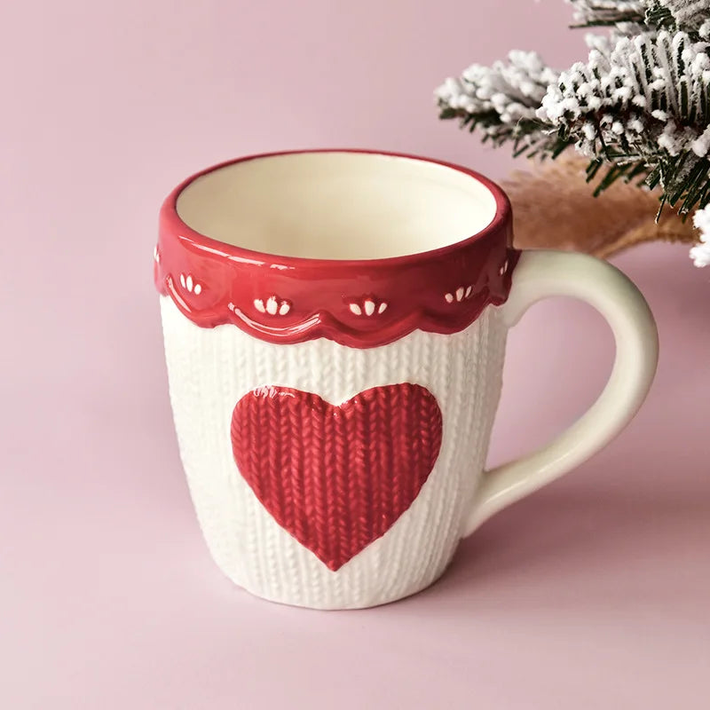 480ml Large Ceramic Coffee Mug Kawaii Bowknot Tea Cup Pink Wool Knitting Mug Dishwasher and Microwave Safe
