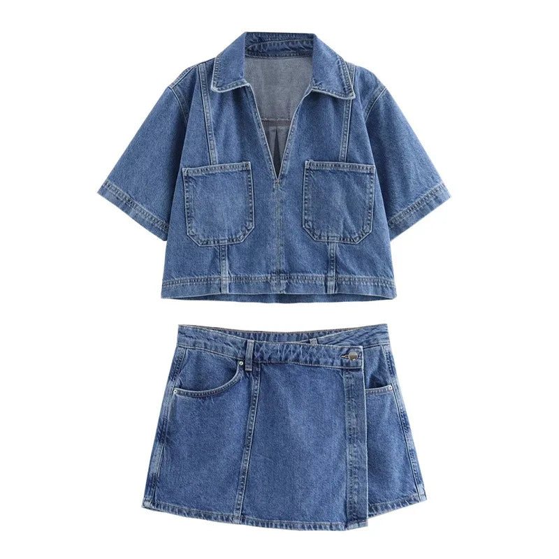 Summer New Women's Fashion Temperament Casual Versatile V-neck Short Denim Shirt Double Breasted Denim Skirt Suits Outfits